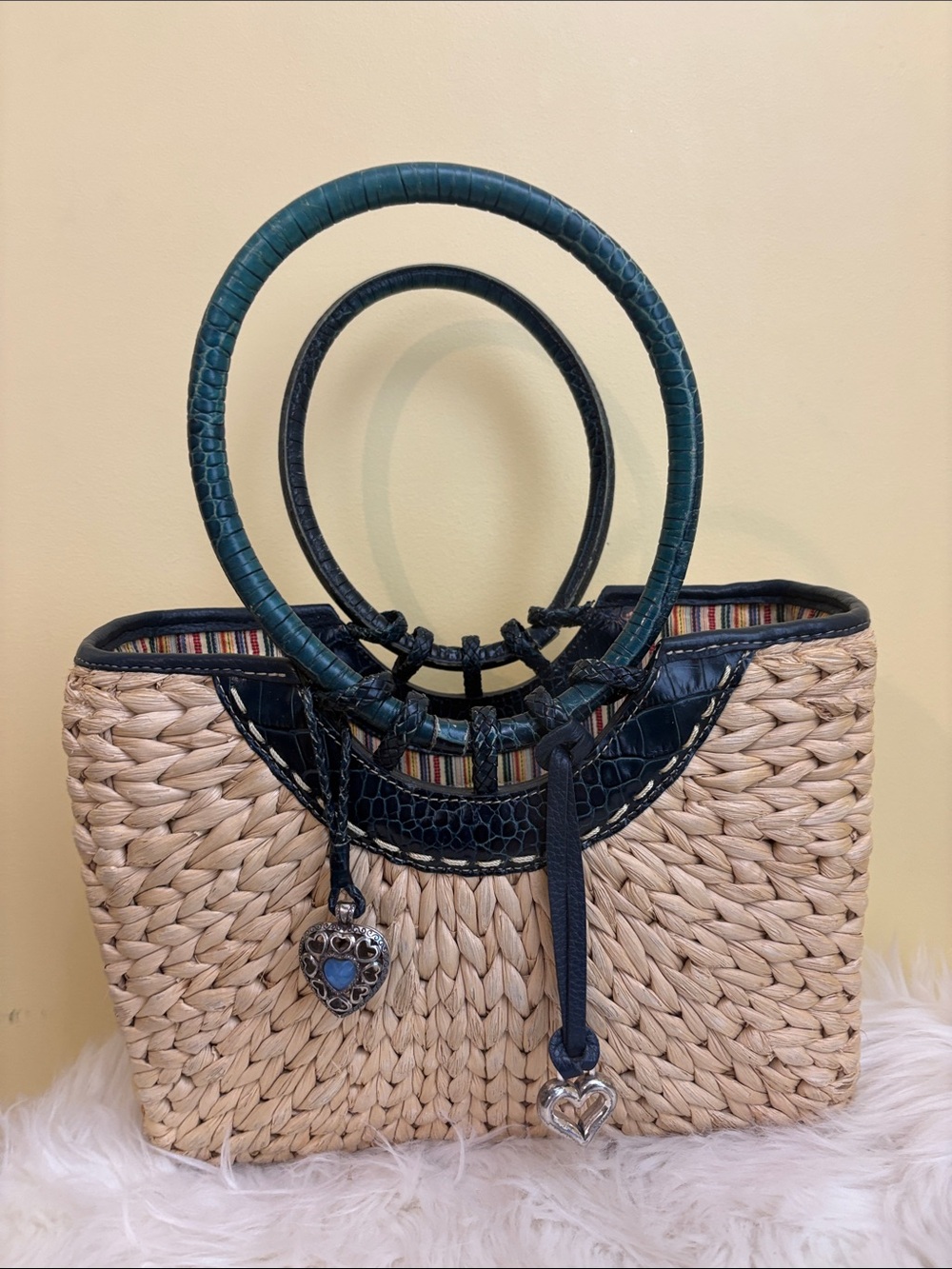 Brighton | Woven Straw Structured Dark Green Croc-Texture Top Handles Tote Bag - Picture 1 of 17